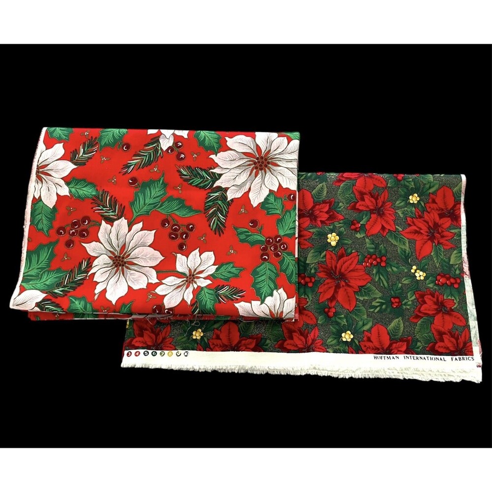 Vintage 90s Christmas Fabric 1999 - 2 Piece Lot HOFFMAN Cotton Poinsettia Prints